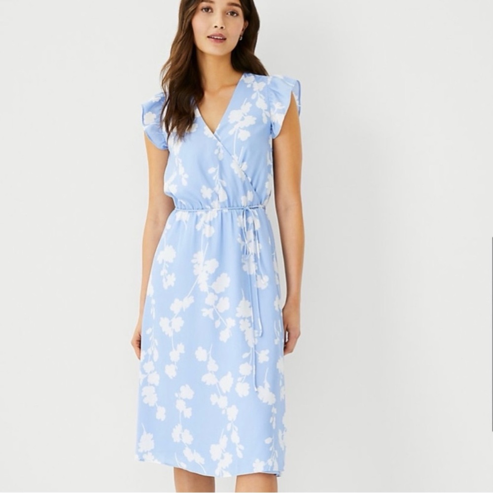 Ann Taylor Light Blue and White Floral Midi Dress